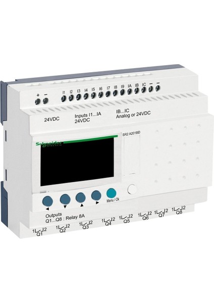 SR2A201BD | Schneider Zelio Logic 20 Giriş/çıkış Akıllı Röle - 12 Dijital Giriş (2 Analoga Dönüştürülebilir ), 8 Röle Çıkışı - 24 Vdc - Kompakt, Genişleyemez - SR2A201BD