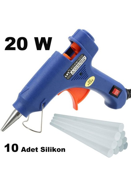 20 Watt, Silikon Tabancası, 10 Adet Mum Silikon, Sıcak Yapıştırıcı, Anahtarlı