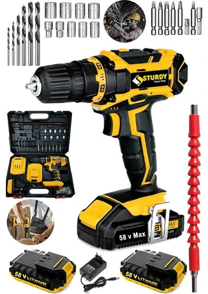 Power Tools 58 Volt 6,0 Amper Darbeli Metal Şanzuman Şarjlı 24 PARÇA SETLİ Vidalama Matkap