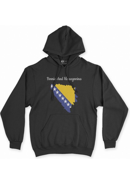 Cix Bosna Hersek Haritalı ve Bayraklı Siyah Kapşonlu Sweatshirt Hoodie