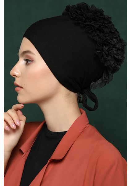 Fırfırlı Bone Siyah - Yeni Model Tesettür Giyim