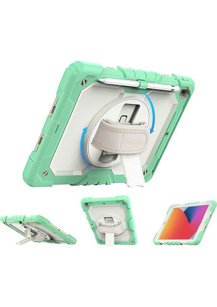 iPad 2019/2020 10.2" 7. 8. Nesil Strap, Kalemlikli Tablet Kılıfı Darbeye Dayanıklı Askılı 360° Dönebilen El Kayışlı Kılıf