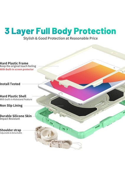 iPad 2019/2020 10.2" 7. 8. Nesil Strap, Kalemlikli Tablet Kılıfı Darbeye Dayanıklı Askılı 360° Dönebilen El Kayışlı Kılıf