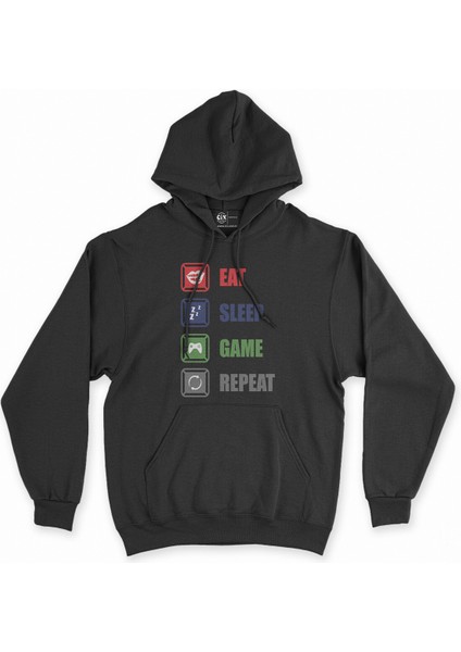 Cix Eat Sleep Game Repeat Siyah Kapşonlu Sweatshirt Hoodie