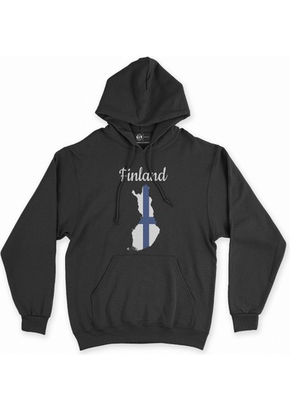 Cix Finlandiya Haritalı ve Bayraklı Siyah Kapşonlu Sweatshirt Hoodie