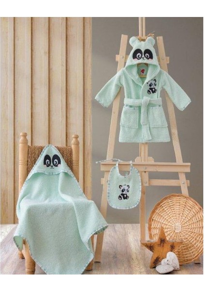 Baby Bornoz Seti Bornoz + Kundak + Önlük Yeşil Panda