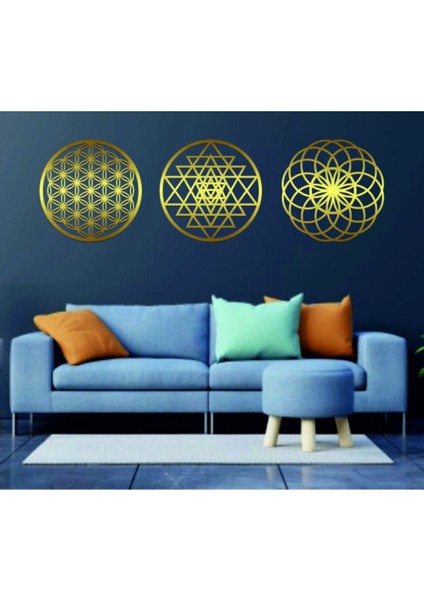 Yaşam Çiçeği Sri Yantra Torus Nefesi Üçlü Gold Aynalı Pleksi Dekoratif Tablo Duvar Süsü Shri Yantra