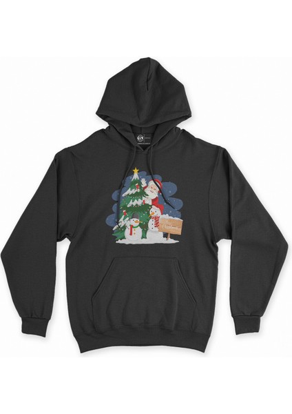 Mutlu Yıllar Santa Claus Siyah Kapşonlu Sweatshirt Hoodie