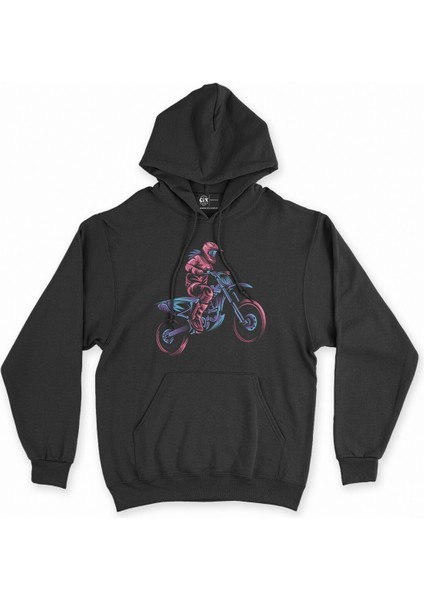 Cix Renkli Motorcu Siyah Kapşonlu Sweatshirt Hoodie