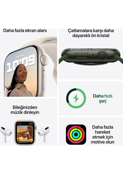 Watch Seri 7 Gps, 45MM Siyah Alüminyum Kasa ve Siyah Spor Kordon - Regular MKN53TU/A