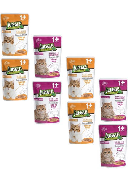 Pouch Kısırlaştırılmış Gravy Soslu Karışık Paket Tavuk-Biftekli Yaş Kedi Maması 100 gr 8 Adet