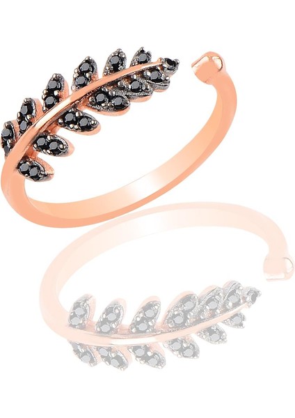 Gümüş Siyah Taşlı Yaprak Yüzük Rose Renk