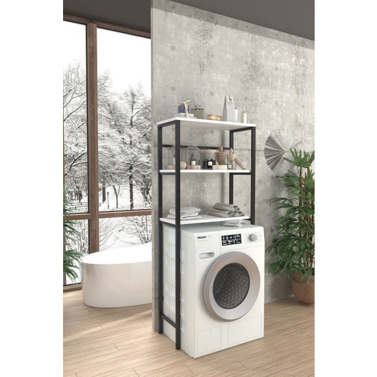 Noowa Çamaşır Makinası Üstü Düzenleyici Abanoz Beyaz Banyo Dolabı