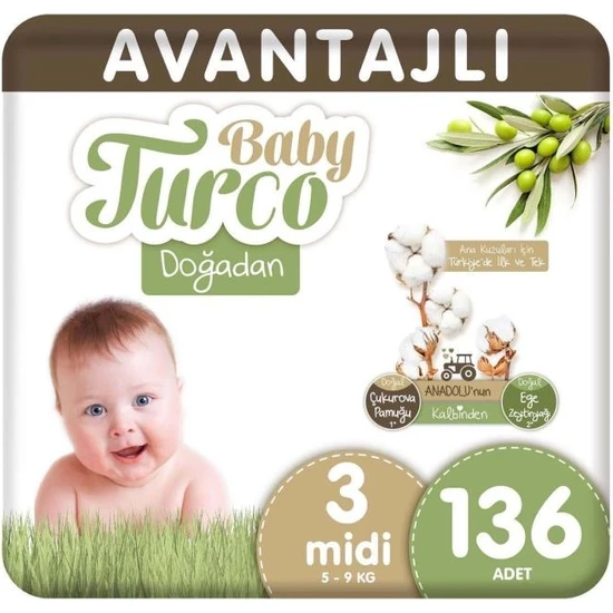 Baby Turco Doğadan Avantajlı Bebek Bezi 3 Numara Midi 136 Adet