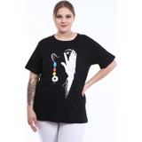Pianoluce Kadın Büyük Beden Baskılı Yarım Kol T-Shirt Siyah PLWM21TS005
