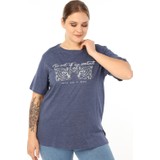 Pianoluce Kadın Büyük Beden Baskılı Yarım Kol T-Shirt Indigo PLWM21TS002