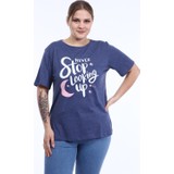 Pianoluce Kadın Büyük Beden Baskılı Yarım Kol T-Shirt Indigo PLWM21TS011