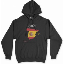 Cix Cix Ispanya Haritalı ve Bayraklı Siyah Kapşonlu Sweatshirt Hoodie