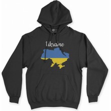 Cix Cix Ukrayna Haritalı ve Bayraklı Siyah Kapşonlu Sweatshirt Hoodie