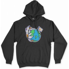 Cix Cix Dünya ve Kedi Siyah Kapşonlu Sweatshirt Hoodie
