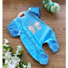 Renkli Puset Kadife Bebek Tulum Ayı Kalpli Ekru Pembe Mavi