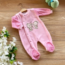 Renkli Puset Kadife Bebek Tulum Ayı Kalpli Ekru Pembe Mavi