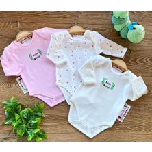Renkli Puset 3'lü Penye Bebek Uzun Kollu Body Zıbın Takım Puan Pembe Kahverengi