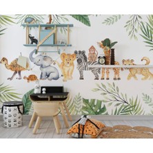 Duvar Kağıdı Marketi Bitkilerin Arasında Sırayla Duran Hayvan Desenli 3D Duvar Kağıdı