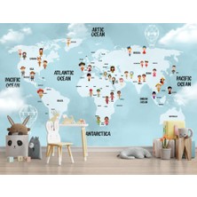 Duvar Kağıdı Marketi Çocuk Desenli Dünya Haritası 3D Duvar Kağıdı