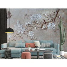 Duvar Kağıdı Marketi Kuş ve Yapraklı Dal Desenli 3D Duvar Kağıdı
