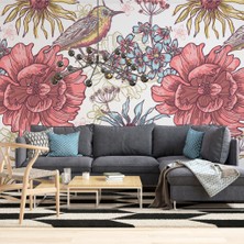 Duvar Kağıdı Marketi Çok Renkli Çiçek ve Kuş Desenli 3D Duvar Kağıdı