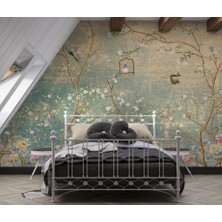 Duvar Kağıdı Marketi Eskitme Desenli Uçan Kuş ve Çiçekli Ağaç Dalı Resimli 3D Duvar Kağıdı