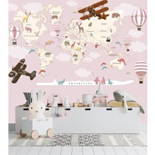 Duvar Kağıdı Marketi Hayvanlı ve Şekilli Pembe Çocuk Harita Desenli 3D Duvar Kağıdı