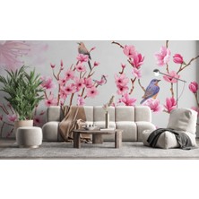 Duvar Kağıdı Marketi Pembe Çiçekli Daldaki Kuş Desenli 3D Duvar Kağıdı
