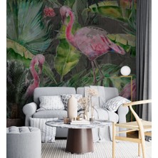 Duvar Kağıdı Marketi Flamingo ve Bitki Desenli 3D Duvar Kağıdı