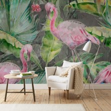 Duvar Kağıdı Marketi Flamingo ve Bitki Desenli 3D Duvar Kağıdı