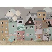 Duvar Kağıdı Marketi Çok Renkli Bina Desenli 3D Duvar Kağıdı