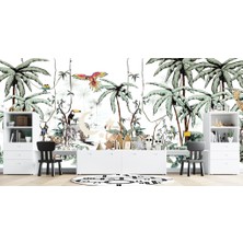 Duvar Kağıdı Marketi Palmiye Ağacı Altında Hayvan Desenli 3D Duvar Kağıdı