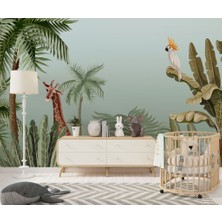 Duvar Kağıdı Marketi Ağacın Etrafında Duran Papağan ve Zürafa Desenli 3D Duvar Kağıdı