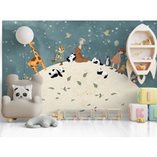 Duvar Kağıdı Marketi Küre Etrafında Hayvan Desenli 3D Duvar Kağıdı