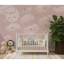 Duvar Kağıdı Marketi Yıldızlı Bulut ve Uyuyan Ay Desenli 3D Duvar Kağıdı