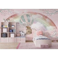 Duvar Kağıdı Marketi Gökkuşağı Manzaralı Balonla Uçan Ayı Desenli 3D Duvar Kağıdı