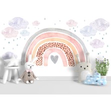 Duvar Kağıdı Marketi Sulu Boyalı Gökkuşağı ve Bulut  Desenli 3D Duvar Kağıdı