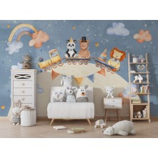 Duvar Kağıdı Marketi Kürenin Etrafında Trene Binen Hayvan Desenli 3D Duvar Kağıdı