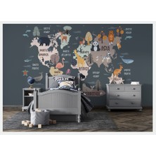 Duvar Kağıdı Marketi 3D Hayvanlı Çocuk Haritalı Duvar Kağıdı