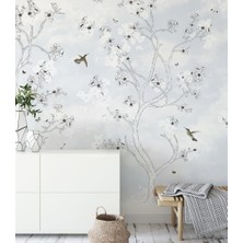 Duvar Kağıdı Marketi Beyaz Zeminli Ağaç Dallındaki Kuşlar 3D Duvar Kağıdı