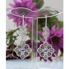 Filigran Silver 925 Ayar Gümüş Otantik El Işçiliği Telkari Doğal Pink Ametist Taşı Kadın Sarkaç Küpe