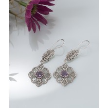 Filigran Silver 925 Ayar Gümüş Otantik El Işçiliği Telkari Doğal Pink Ametist Taşı Kadın Sarkaç Küpe