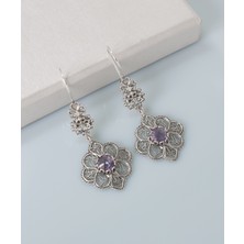 Filigran Silver 925 Ayar Gümüş Otantik El Işçiliği Telkari Doğal Pink Ametist Taşı Kadın Sarkaç Küpe