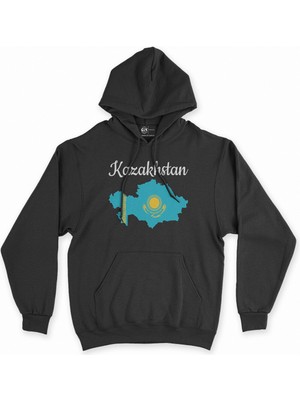 Cix Cix Kazakitan Haritalı ve Bayraklı Siyah Kapşonlu Sweatshirt Hoodie